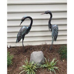Garden Crane Statues, Standing Metal Patina Heron Decoy Outdoor Statue